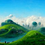utopian landscape with a city in the distance
