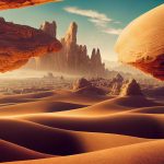 Fantastic Sci fi landscape of a spaceship on a sunny day, flying over a desert with amazing arch shaped rock formations Illustration 3d