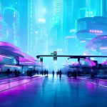 Cyberpunk 3D illustration of abstract futuristic cityscape. Blue